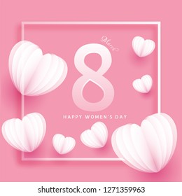 8 March greeting card design decorated with paper origami heart shapes for Happy Women's Day celebration.