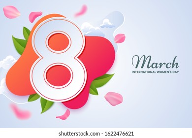 8 March greeting card design. Big number 8 surrounded by pink falling rose petals. International women's day congratulatory banner. Applicable for web, postcard, invitation. Vector illustration.