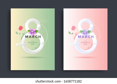 8 March greeting card design with flower. International Women`s Day minimal poster with 3d number 8. Vector illustration