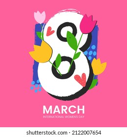 8 March greeting card design in creative artistic style. International Women's Day decorative poster with hand drawn elements. Applicable for social media, promo, banner, print. Vector illustration.