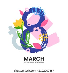 8 March greeting card design in creative artistic style. International Women's Day decorative poster with hand drawn elements isolated on white. Vector illustration.