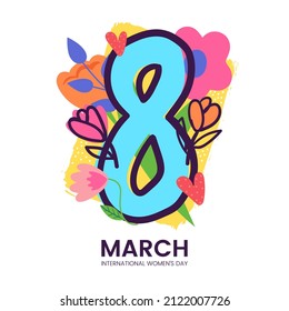 8 March greeting card design in cute children's drawing style. International Women's Day decorative colorful poster with number eight and flowers isolated on white. Vector illustration.