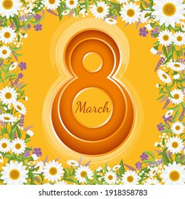 8 March greeting card. Flower frame with camomiles and lavender. Happy Women's Day.