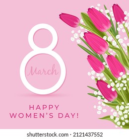 8 March greeting card. Flower frame with pink tulips and white flowers on light pink background. Happy Women's Day.