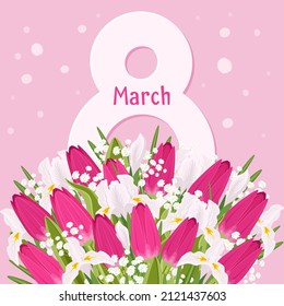 8 March greeting card. Flower bouquet with pink tulips and white irises on light pink background. Happy Women's Day.