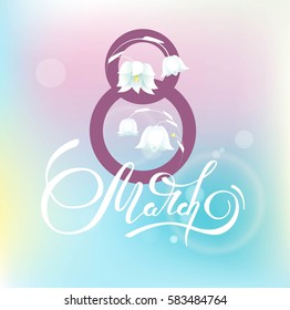 8 march greeting card with harebells and calligraphic text. Purple and blue abstract blurred background with bokeh effect.Vector illustration