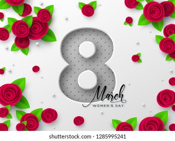 8 March greeting card for International Womens Day. 3d paper cut number 8 with roses and leaves, white background. Vector illustration.