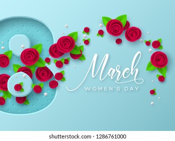 8 March greeting card for International Womens Day. 3d paper cut number 8 with roses and leaves, turquoise background. Vector illustration.