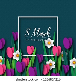 8 March greeting card for International Womens Day. Frame with paper cut tulips and narcissus on dark spotted background. Vector illustration.