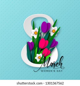 8 March greeting card for International Womens Day. 3d paper cut number 8 with bouquet of spring flowers tulip and narcissus, turquoise background. Vector illustration.