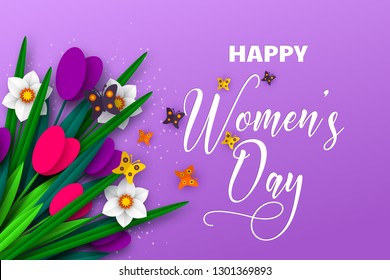 8 March greeting card for International Womens Day. 3d paper cut bouquet of spring flowers tulip and narcissus with butterfly, purple background. Vector illustration.