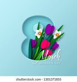 8 March greeting card for International Womens Day. 3d paper cut number 8 with bouquet of spring flowers tulip and narcissus, turquoise background. Vector illustration.