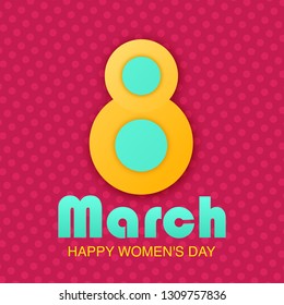 8 March greeting card to International Women's Day. 3d paper cut number 8 isolated on red polca dot background. Cute romantic banner, tag, flyer, postcard, poster design. Vector Illustration.