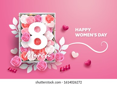 8 March Greeting card. International Happy Women's Day. Realistic hearts and rose flower and paper style. Vector illustration.