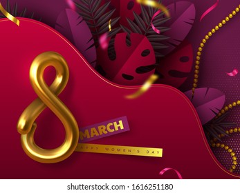 8 March greeting card for International Women's Day. 3d metallic golden number 8 with paper stickers, beads and tropical palm leaves. Red background. Vector illustration.
