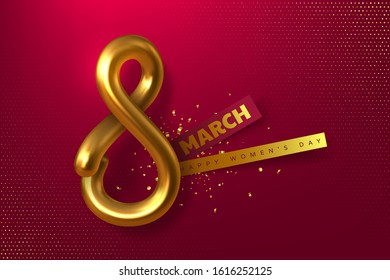 8 March greeting card for International Womens Day. 3d metallic golden number 8 with confetti and paper stickers, red dotted background. Vector illustration.