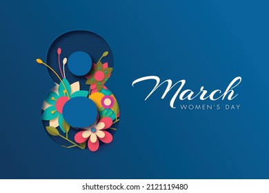 8 March greeting card for International Womens Day. 3d paper cut number 8 with paper cut style flowers , Blue turquoise background. Vector illustration.