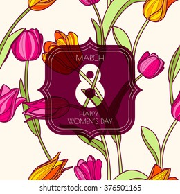 8 March greeting card, International Women's Day. Vector seamless pattern with pink and yellow tulip flowers. Colorful spring floral background.