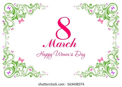8 March. Greeting card. International Womens Day. Celebration white background with flowers, pink butterfly and place for your text. Vector Illustration