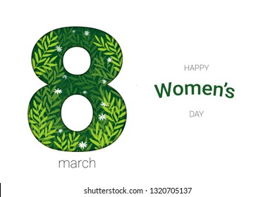 8 march greeting card with leaves and flowers