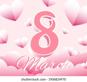 8 march greeting card lettering heaven clouds heart shape modern illustration romantic pink background