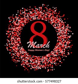 8 of March greeting card with lettering and circle made of many hearts. Vector illustration for celebration event, poster, print.