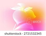 8 March greeting card. Line art flower. Soft pink, orange, violet, beige  gradient background. Happy Women