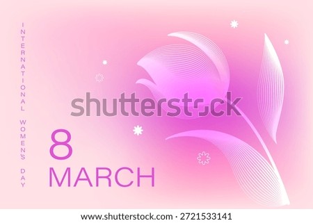 8 March greeting card. Line art flower. Soft pink, orange, violet, beige  gradient background. Happy Women's Day.
