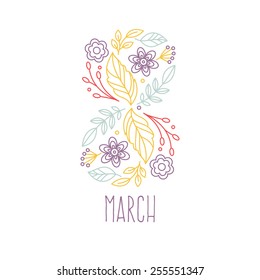 8 March greeting card. Lineart floral composition. Vector illustration