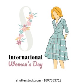 8 march greeting card with number, flowers, and a young woman in a dress. Vector illustration on the white background