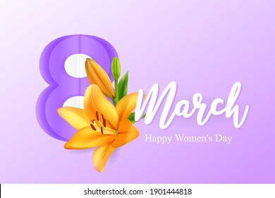 8 March greeting card with orange realistic 3d lily on purple background and lilac color number 8. International women's day postcard, banner, poster, placard, flyer. Vector illustration
