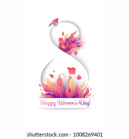 8 March greeting card with paper cut multi layered effect. Floral composition with flowers, bouquet and bird nightingale. Bright gradient International Women's Day postcard