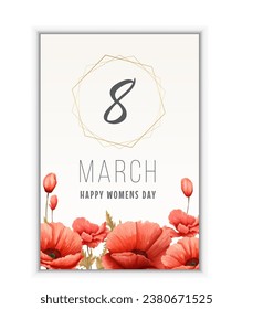 8 march greeting card. Postcard with red flower background. Bouquet.line art flower. Red poppy postcard. Print for T-shirts, fabrics, posters, stickers, postcards