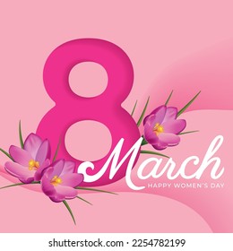 8 march greeting card with realistic flowers. Vector illustration for greeting card, poster, web banner or social media post.