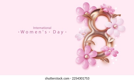 8 March greeting card with realistick composition of spring pink flowers. Template for advertising, web, social media and fashion ads