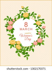 8 March greeting card with roses frame and Happy Women's Day lettering.