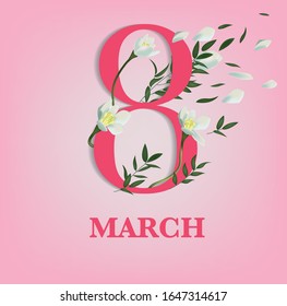 Tarjeta de saludo de 8 de marzo con flores de primavera y ramas verdes. Feliz día de la mujer.