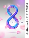 8 March greeting card template with 3d realistic number eight and rose petals. Happy International Womens Day. Multicolor vector illustration for poster, banner, social media. Spring holiday