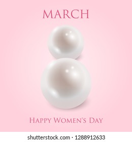 8 March greeting card template with two shiny pearls forming number 8 on pink background. International Women's day background or brochure. - Vector illustration