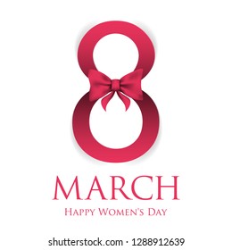 8 March greeting card template with lettering and pink bow on white background. International Women's day background or brochure. - Vector illustration