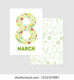 8 March Greeting Card Template with Floral Pattern Happy Women Day Vector Illustration