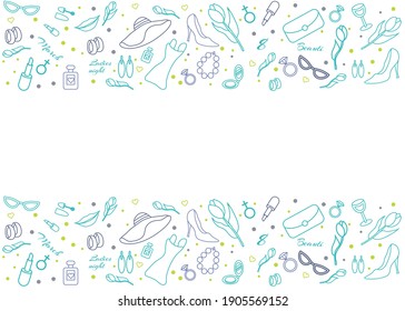 
8 March greeting card template. Vector illustration. International Women's Day. Modern postcard. Linear icons. Happy Women's Day. Spring palette.