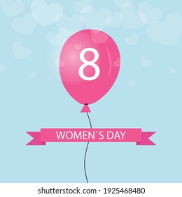 plantilla de tarjeta de saludo de 8 de marzo, con globo. Diseño de coches de bienvenida internacional para mujeres.