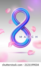 8 March greeting card template with 3d realistic number eight and rose petals. Happy International Womens Day. Multicolor vector illustration for poster, banner, social media. Spring holiday