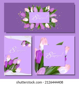 8 March greeting card template. print-ready postcard mockup. Inscription in Ukrainian: March 8. Flyer congratulations on international women's day. Banner layout.