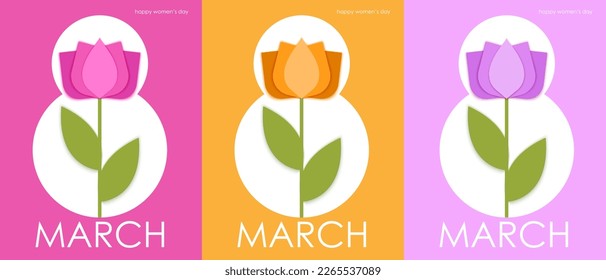 8 March greeting card template. Paper art style flower, lettering. Number 8 typography design.