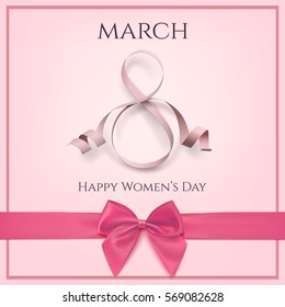 8 March Greeting Card Template With Pink Bow. International Women's Day Background Or Brochure. Vector Illustration.