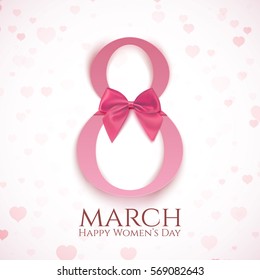 8 March greeting card template pink bow and blurry hearts. International Women's day background or brochure. Vector illustration.