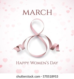 8 March greeting card template on pink background with hearts. International Women's day brochure, poster, flyer or invitation. Vector illustration.