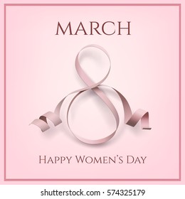 8 March greeting card template on pink. International Women's day background, brochure or flyer. Vector illustration.